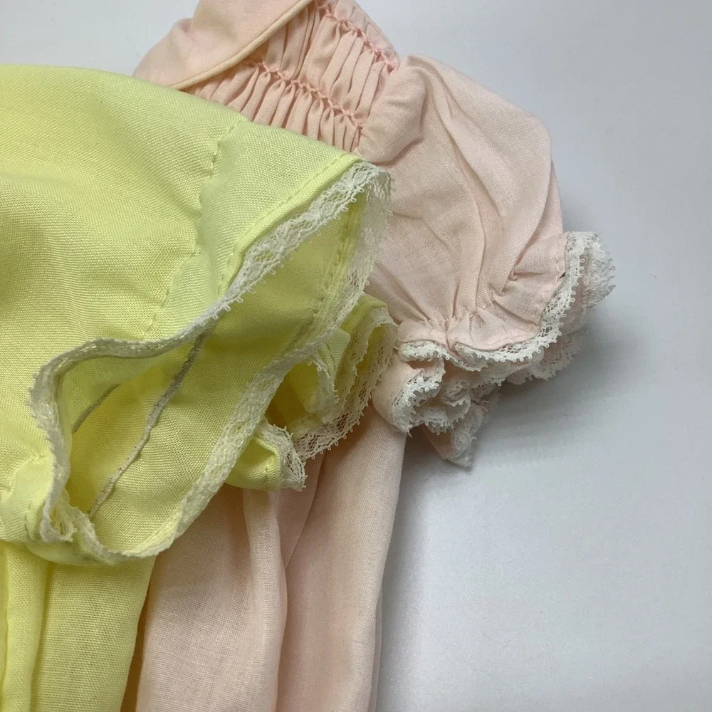 Vintage Newborn Smocked‎ Dresses Lace Trimmed & Embroidered Pink & Yellow